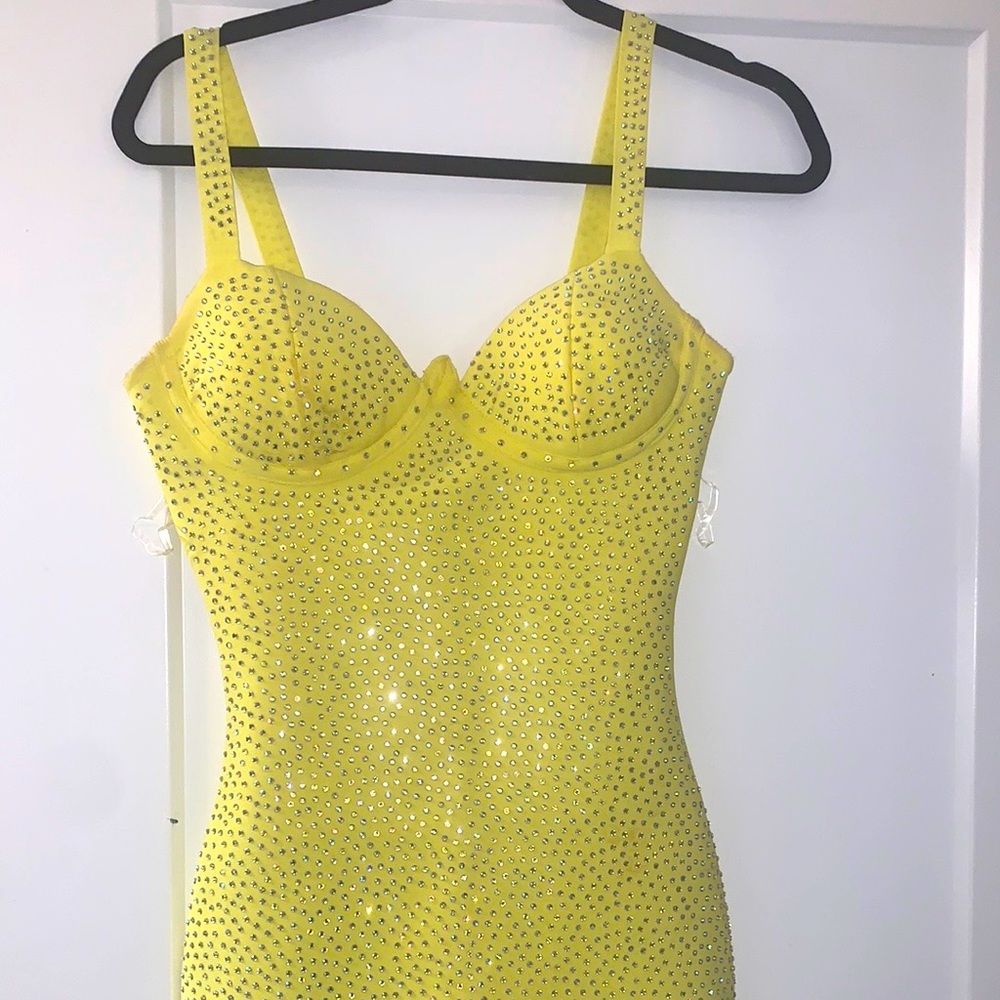 Yellow bling short dress .